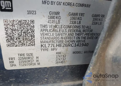 2024 Chevrolet Trax Fwd Lt из США, поврежденный, VIN KL77LHE26RC141940